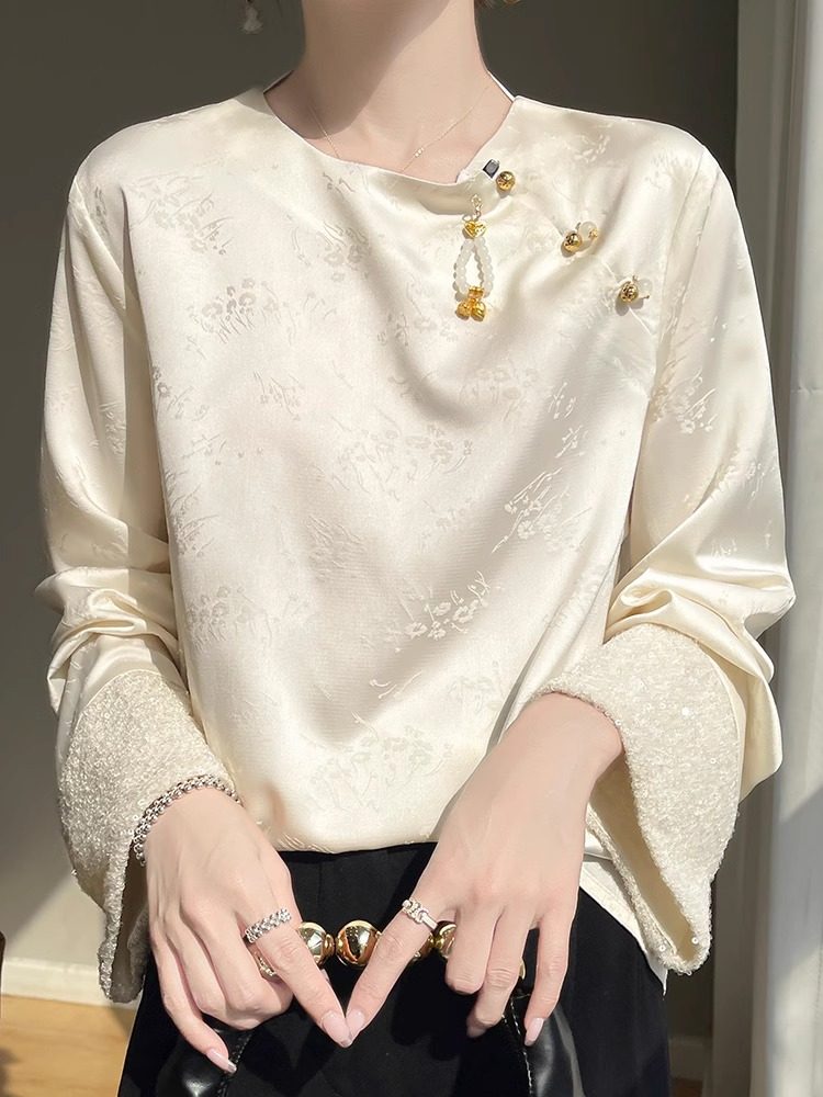 新中式国风上衣女装2025新款真丝小衫新改良醋酸缎面提花盘扣衬衫