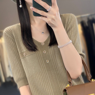 短袖 小香风冰丝短袖 天丝针织衫 T恤女春季 洋气百搭宽松上衣 V领薄款