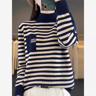 2025冬季新款时尚宽松半高领内搭毛衣女条纹套头羊毛打底毛衣