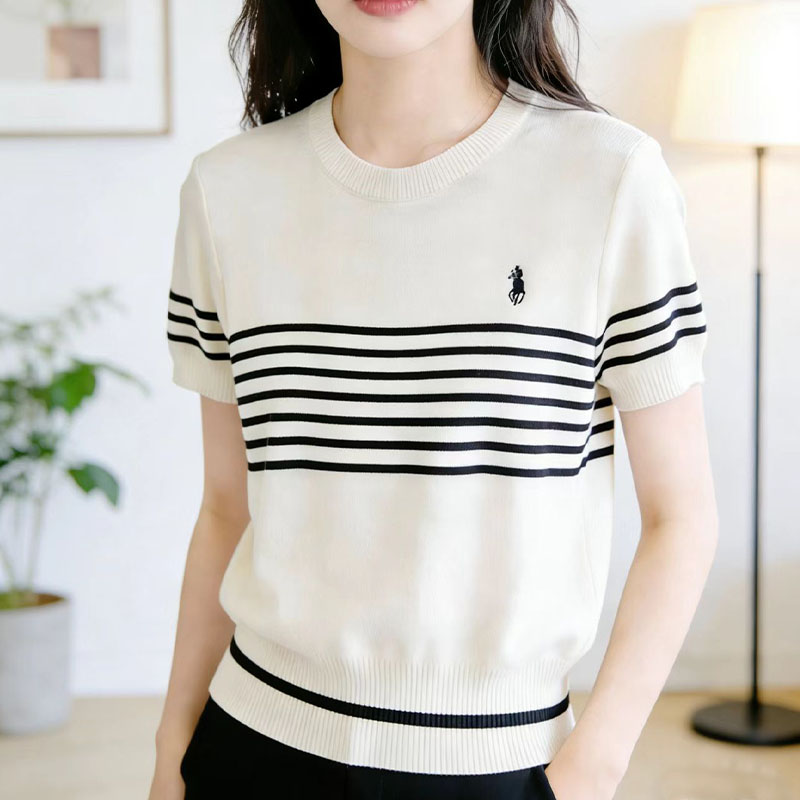 韩版圆领条纹针织衫女冰丝短袖小马刺绣休闲百搭显瘦气质减龄上衣