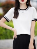 短袖 T恤女夏季 款 纯棉圆领拼色针织衫 丝光棉内搭打底宽松半袖 上衣