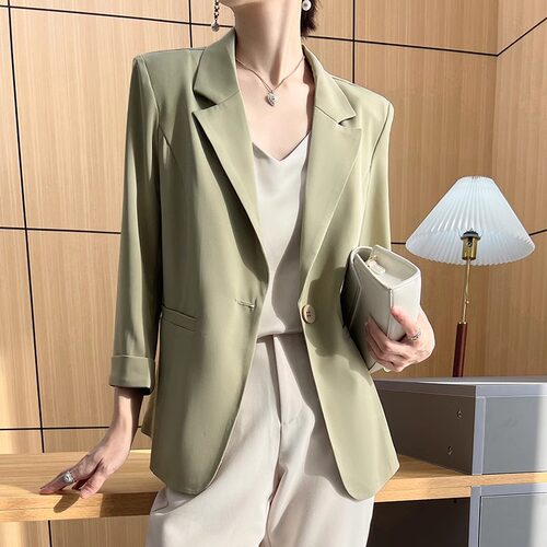 绿色七分袖宽松西装外套女春季