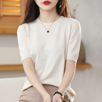 羊毛套头圆领纯色针织短袖