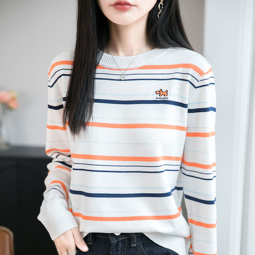 设计感正肩圆领羊毛条纹长袖t恤