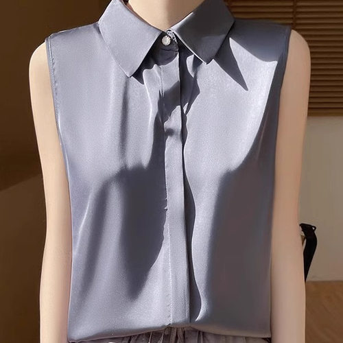 翻领无袖背心时尚简约衬衫配西装职业上衣缎面打底气质T恤女装秋