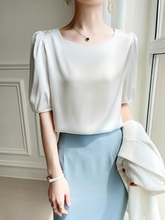 2025新款夏季洋气小衫泡泡袖短袖上衣纯色醋酸缎面圆领雪纺衬衫女