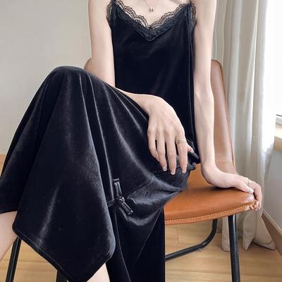 丝绒连衣裙女春季新款性感吊带裙内搭长款开叉荷叶边打底裙外搭