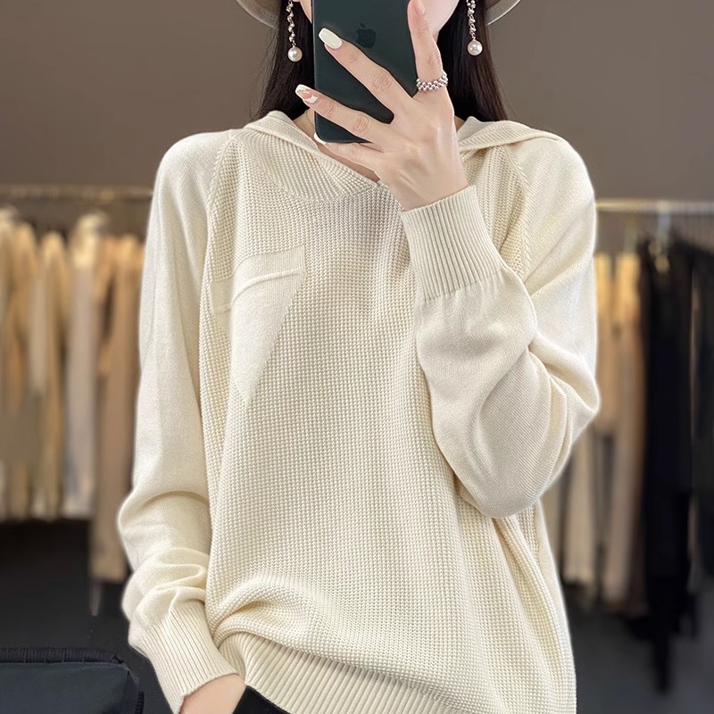 纯棉套头连帽纯色针织衫