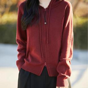 双拉链连帽针织开衫外套毛衣女秋季新款长袖宽松显瘦外搭精纺毛衫