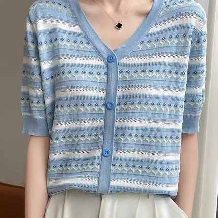 欧货V领冰丝条纹短袖T恤针织衫女士2025春季新款半袖上衣女爆款