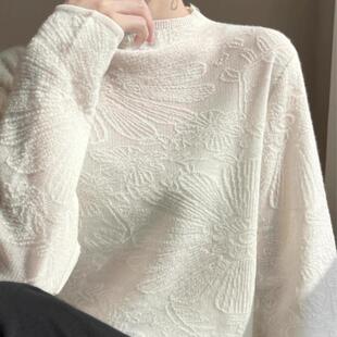 超美~立体浮雕提花半高领毛衣女宽松肚子打底衫蕾丝遮国风针织衫