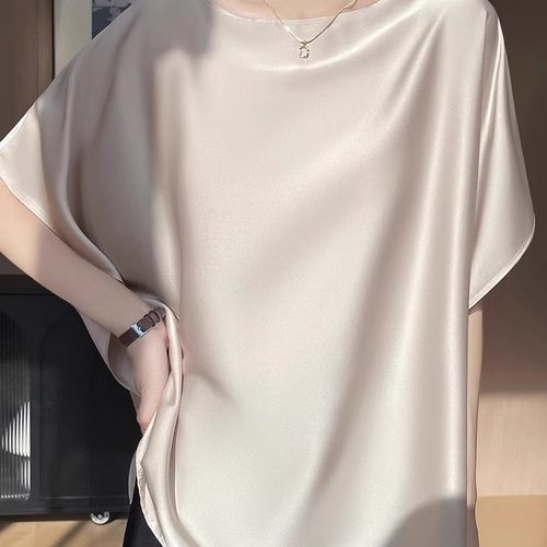 2025夏新中式一字领新款宽松上衣薄款醋酸缎面女套头衬衫外穿百搭