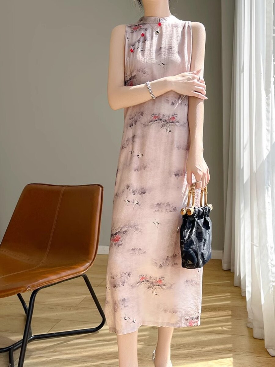 여성을위한 새로운 중국 스타일 중국 스타일 인쇄 새틴 CHEONGSAM 드레스 레트로 슬릿 허리 슬리밍 민소매 중간 길이 드레스 여성을위한