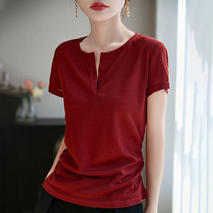 显瘦体恤 半开领侧抽褶正肩短袖 T恤女2025夏季 新款 设计感上衣修身