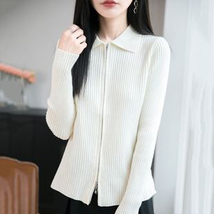 POLO领针织羊毛开衫女秋冬款长袖修身显瘦翻领上衣拉链毛衣短外套