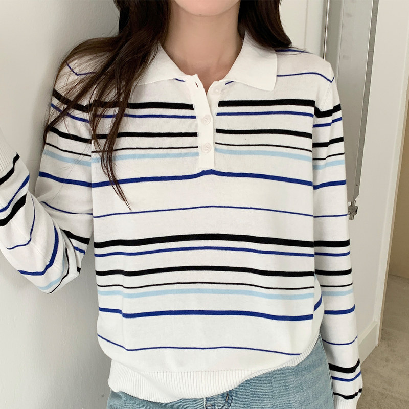 早秋撞色条纹翻领针织上衣女纯棉线透气薄款减龄休闲Polo长袖小衫