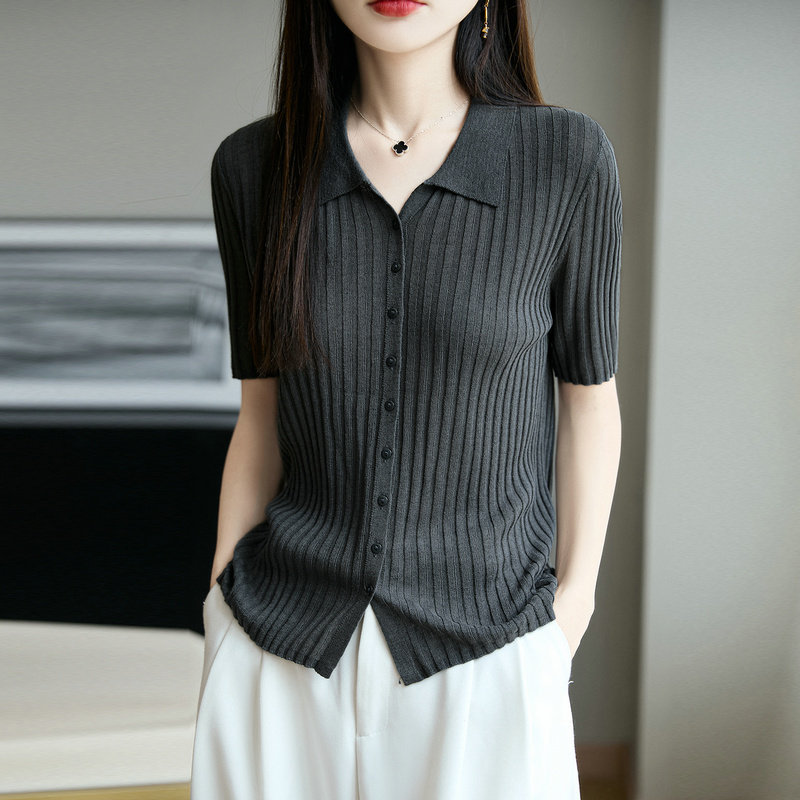 短袖女开衫剪刀翻领坑条短款天丝亚麻针织衫凉感灰色显瘦气质T恤