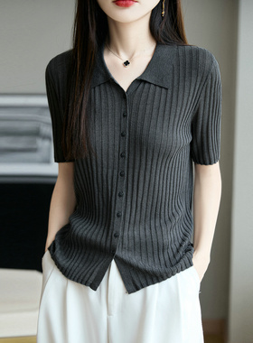 短袖女开衫剪刀翻领坑条短款天丝亚麻针织衫凉感灰色显瘦气质T恤