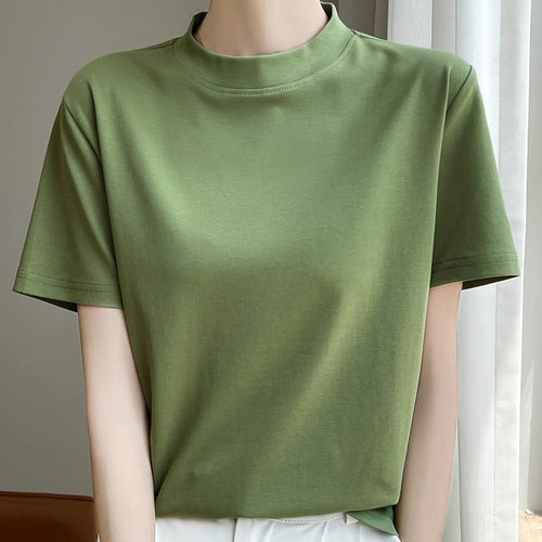 高品质丝光棉小半高领T恤短袖女纯色宽松百搭纯棉半袖体恤上衣夏