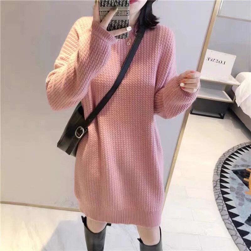 显白粉宽松大码针织连衣裙女中长款加厚韩版秋季新款毛衣裙羊毛