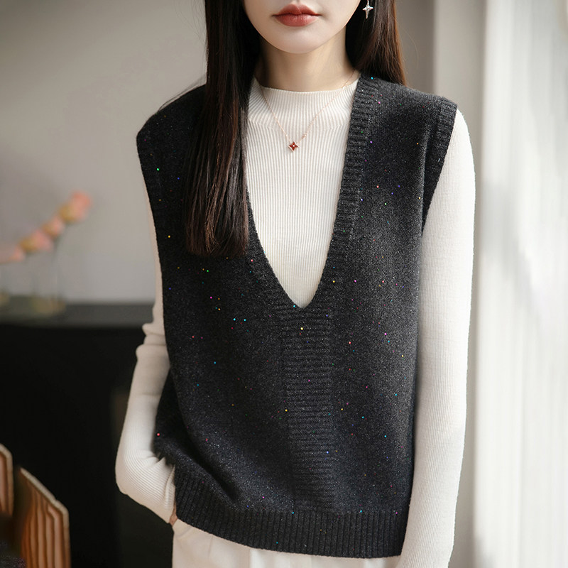法式V领亮片羊毛针织马甲女无袖叠穿百搭洋气坎肩仿羊绒上衣,女装/女士精品,毛针织衫,淘宝优惠券,粉丝福利购,淘宝优惠卷
