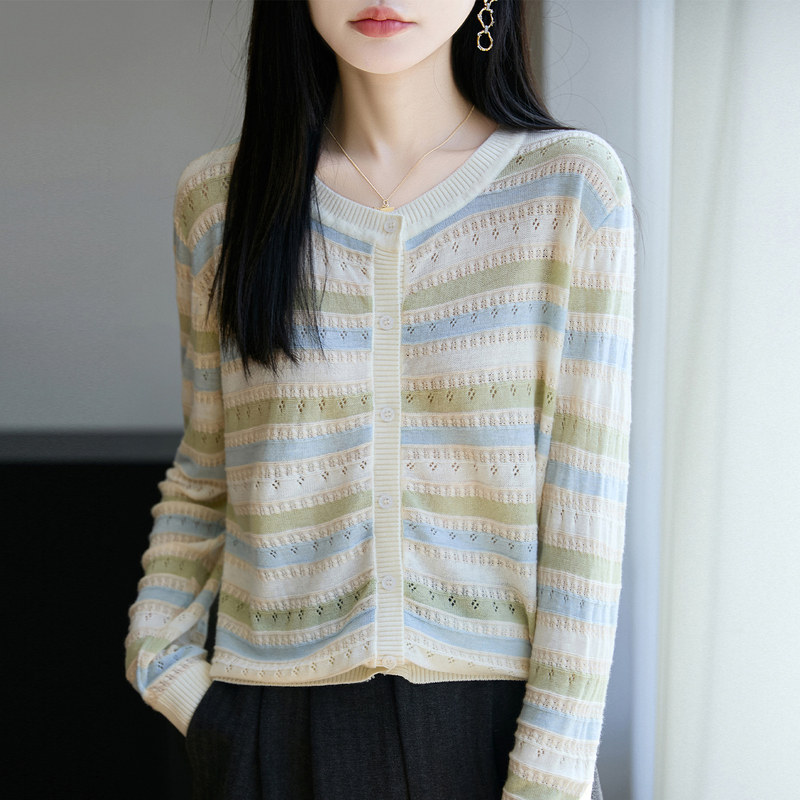 高级感镂空撞色条纹针织羊毛开衫女轻薄外搭防晒衣设计感洋气小衫,女装/女士精品,毛针织衫,淘宝优惠券,粉丝福利购,淘宝优惠卷