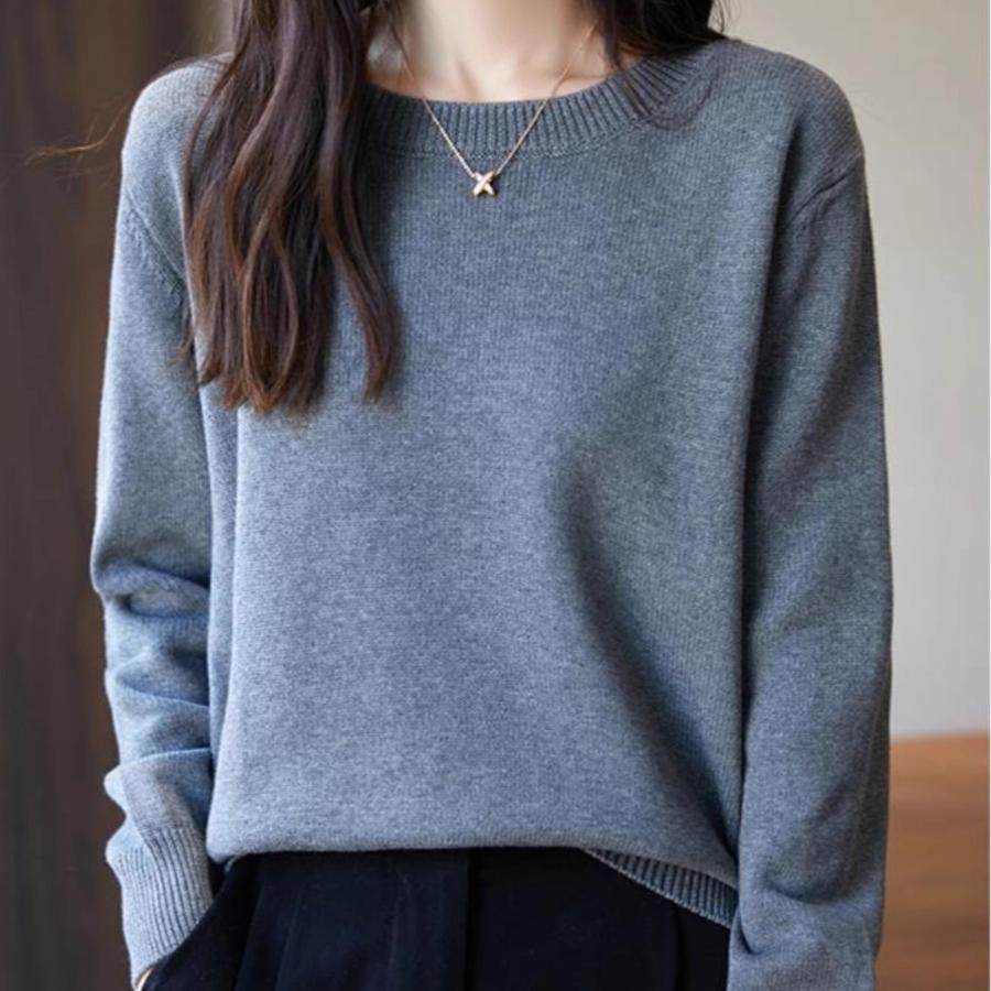 秋季纯棉线长袖百搭女圆领加厚毛衣套头韩版宽松简约全棉线上衣