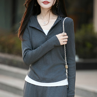 慵懒风连帽假两件长袖套装磨毛T恤女灰色修身显瘦百搭保暖上衣厚