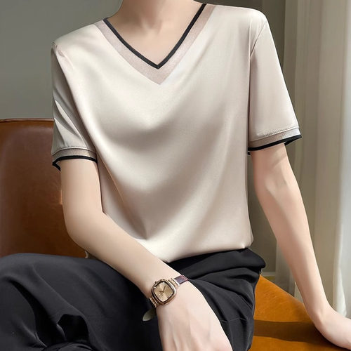 真丝短袖t恤女桑蚕丝上衣春季白色V领26新款醋酸缎面半袖打底衫女