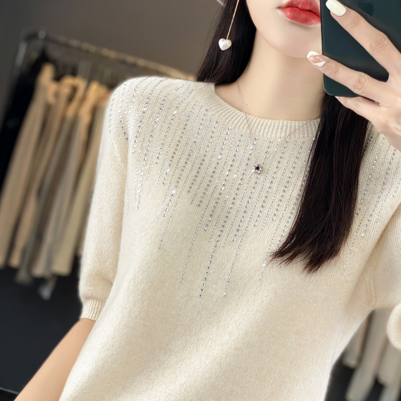 一线成衣羊毛圆领镶钻针织短袖女薄款打底衫上衣夏季半袖宽松洋气