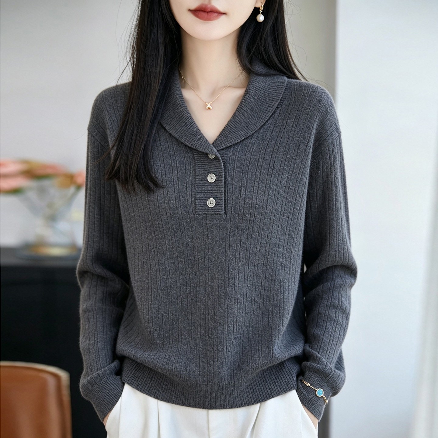 老钱风翻领麻花羊毛针织衫女秋季长袖套头毛衣简约洋气保暖打底衫