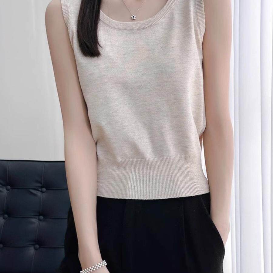 洋气圆领吊带背心女短款小个子上衣无袖t恤冰丝针织西装内搭打底