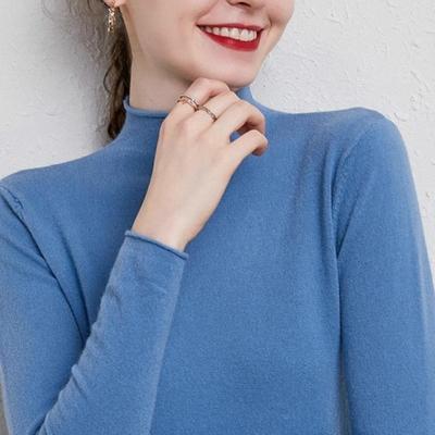 2025春季新款半高领羊绒衫女短款毛衣修身卷边针织打底羊毛衫中领