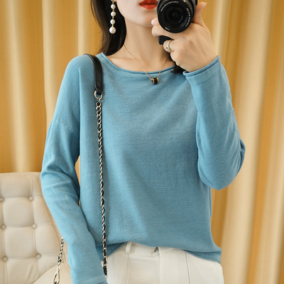 针织衫卷边圆领薄款纯棉落肩