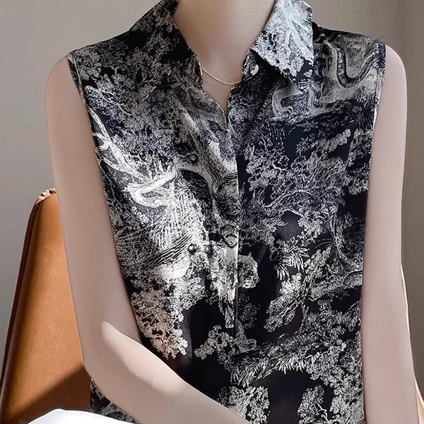 国风无袖衬衫女内搭打底衫配西装缎面印花衬衣遮肚子复古背心t恤