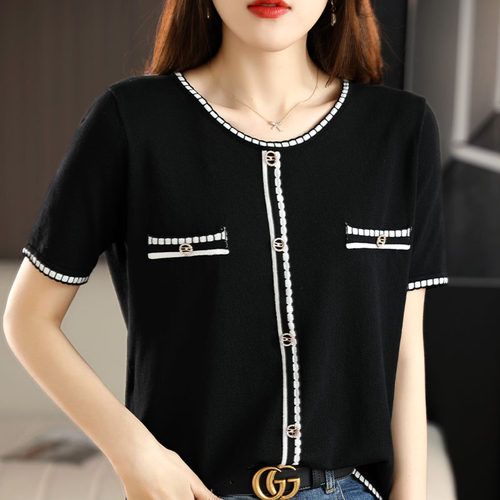 冰丝套头V领撞色针织短袖