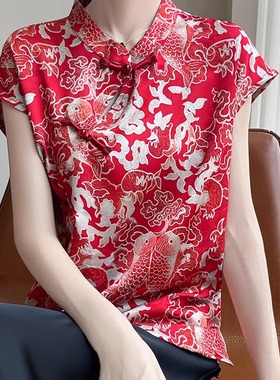 红色国风真丝上衣短袖夏季新款中式改良旗袍小衫立领盘扣衬衫女士