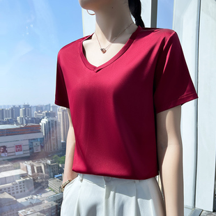 真丝短袖 显瘦半袖 夏季 T恤女V领宽松桑蚕丝纯色体恤新款 大码 上衣衫
