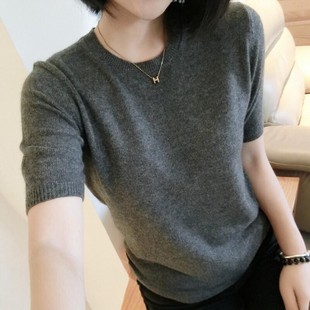 秋季圆领短袖女羊绒衫宽松套头短款打底衫半袖针织衫薄款中袖毛衣