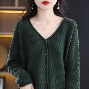 上衣线衫 女短外套毛衣V领宽松休闲外搭短款 女 针织开衫 纯棉线长袖