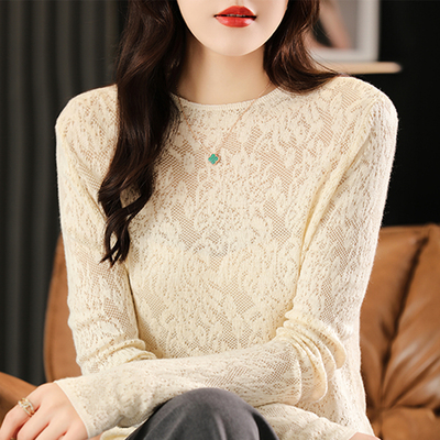 羊毛套头半高领蕾丝打底衫