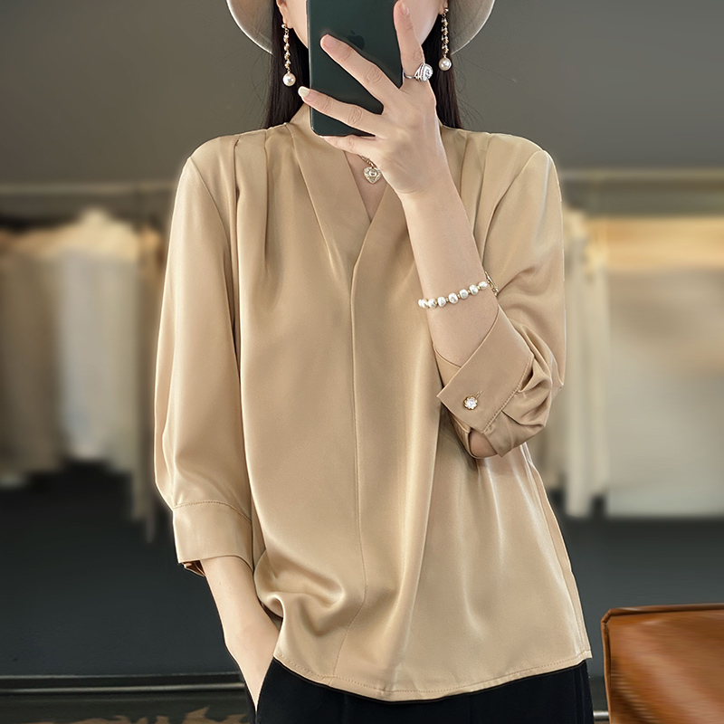 宽松淑女套头七分袖真丝褶皱
