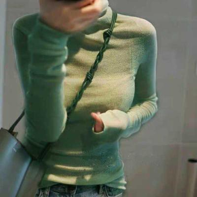 羊毛套头堆堆领微透长袖针织衫