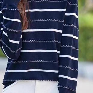 纯棉线蓝白条纹长袖针织打底衫女冬季2025新款气质舒适内搭上衣