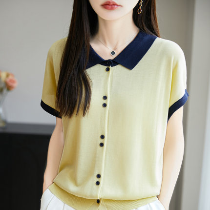 撞色翻领短袖针织衫女早秋宽松t恤2025年新款高级感百搭气质上衣