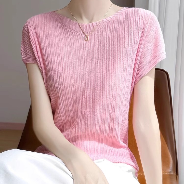 肌理感冰丝针织短袖T恤女2025夏季新款修身显瘦气质减龄飞袖上衣