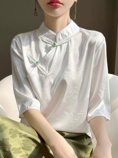 新中式 真丝T恤女立领盘扣中国风五分袖 夏上衣宽松显瘦桑蚕丝短袖