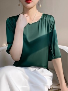 时尚缎面小衫醋酸仿真丝衬衫女夏短袖t恤上衣背心白色绸缎桑蚕丝