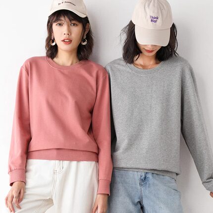 2025新款春季长袖百搭t恤卫衣纯棉女宽松韩版早秋薄绒圆领上衣潮