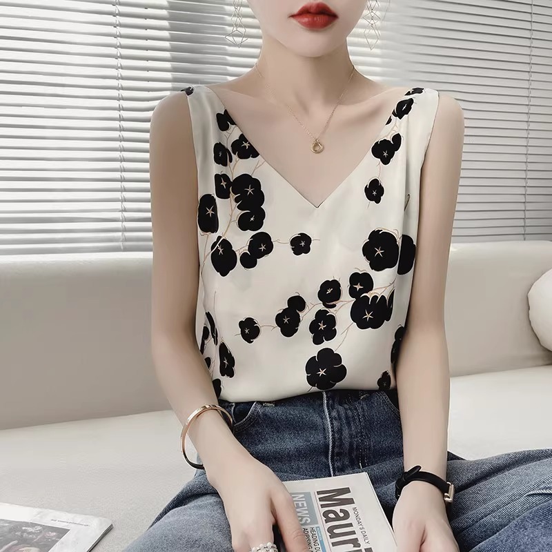 真丝背心女外穿法式吊带设计感小众印花西服内搭打底桑蚕丝上衣